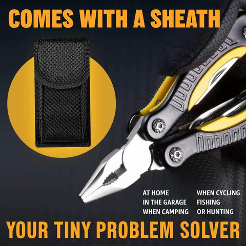 Close-up of 12 In 1 Mini Multitool Pocket Tool With Pliers Folding Knife Wire Cutter Saw And Bottle Opener For EDC Camping Hiking, shown with sheath.