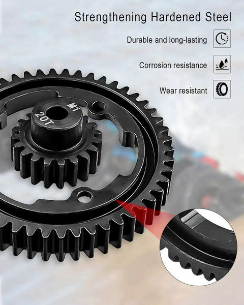 Beefy 50T M1.0 Hardened Steel Spur Gear With 20T Pinion Gear for Traxxas RC cars, showcasing durable and wear-resistant design.