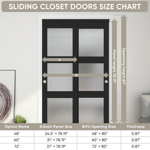 Sliding Closet Door 48 Inch Wide Two Panels Each 24.5 Inch Wide, 3 Lite Frosted Glass Bypass, black frame, size chart