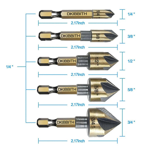 Countersink Drill Bit Set Five Piece Pro Grade With Hex Shank 82 Degree Countersink For Flush Screws In Wood Metal Plastic Includes Sizes One Quarter Three Eighths One Half Five Eighths Three Quarters With Case