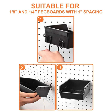 Pegboard Hooks And Accessories Kit For 1/8 Inch And 1/4 Inch Pegboards, 38 Piece Set with installed bins on a pegboard