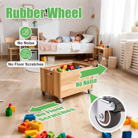 Wooden toy box with rubber wheels on 1 inch small caster wheels set of 4 with L bracket, ideal for underbed drawers and DIY projects, 97 lbs capacity.
