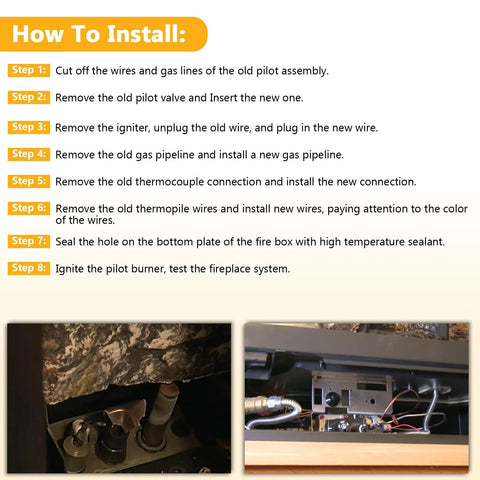 Criditpid 4021-737 LP pilot assembly installation guide graphic; step-by-step instructions and two fireplace photos