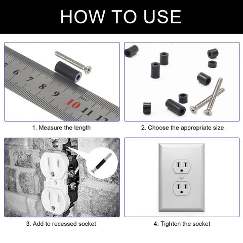 Nylon Outlet Spacer Kit for Electrical Sockets showing step-by-step usage with round unthreaded spacers and screws for M3 M4