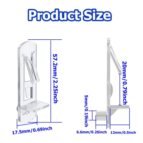 Product size diagram for Twenty Piece Plastic Self Locking Shelf Pins Five Millimeter For Three Quarter Inch Thick Shelves Clear Cabinet Clips.