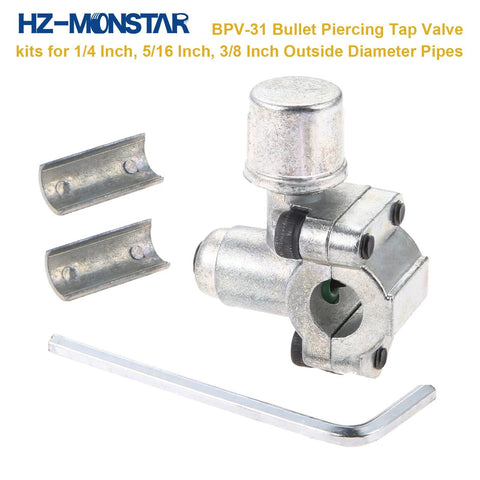 HZ-MONSTAR BPV-31 bullet piercing tap valve kit, 4-pack; metal valve with top cap, two adapters, and an Allen wrench.
