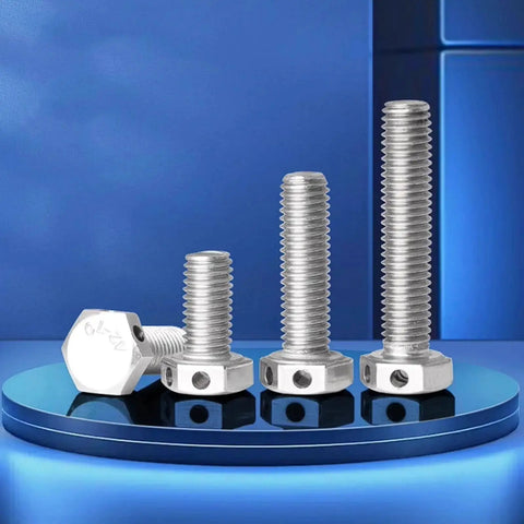 M12 304 Stainless Steel Hex Head Bolt With Safety Wire Hole Four Pack for Marine and Automotive Projects shown on a blue surface