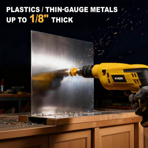 Heavy Duty Impact Hole Saw Set for Plumbers 3 Piece Thin Wall Kit in use on metal sheet with drill