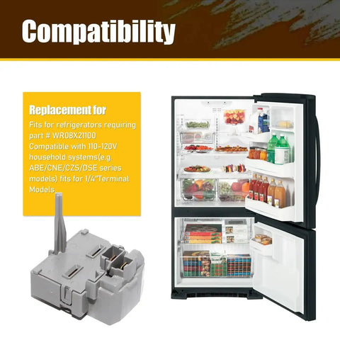 Easy Plug And Play Refrigerator Start Relay And Overload Protector Replacement with compatibility details and refrigerator image