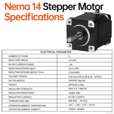 High Torque Nema 14 Stepper Motor with specifications for 3D printers, CNC machines, and DIY robots, featuring torque and electrical parameters.