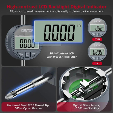 Digital Bore Gauge Set 2-6 Inch Range 50-160mm with LCD Display showing 0.0005 precision, includes optical glass sensor and steel tip.