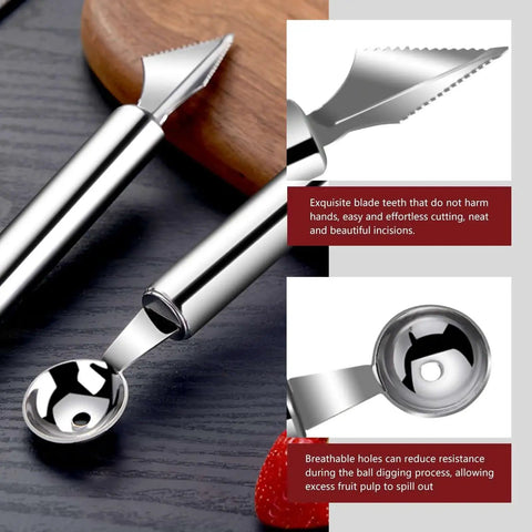 Close-up of 4 in 1 Kitchen Spiral Cutter V Cut Crinkle Knife and Vegetable Peeler Set for Creative Food Decoration in Silvery Finish
