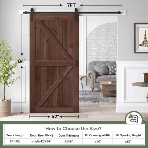 Sliding Barn Wood Door Slab 42 Inch By 84 Inch With 7ft Hardware Kit And Handle In Coffee Color K Shape Spruce Solid Wood Durable Rustic Door For Easy DIY Assembly With Clear Natural Grain shown installed in a living room.