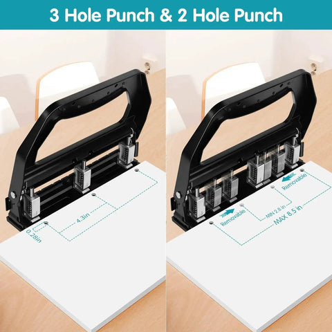 Beefed Up Heavy Duty 3 Hole Puncher For Binders With 9 By 32 Inch Holes, top view, all-metal body, adjustable punch heads on paper