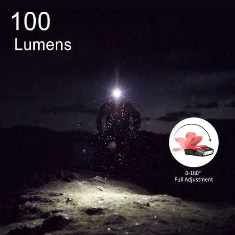 Person running in the dark wearing a Rechargeable Motion Sensor Cap Visor Light with 100 Lumen COB LED, adjustable angle, five modes.