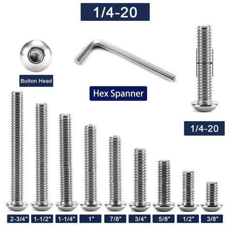 Quarter Inch By Half Inch Button Head Socket Cap Screws Twenty Pack, 1/4-20 Thread, 304 Stainless Steel 18-8, Hex Spanner displayed