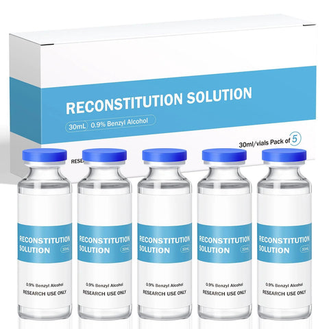 Reconstitution solution set: five 30ml premium glass vials with blue caps, Amazon brand.