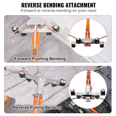 Ratcheting Pipe Bender Kit With 7 Dies And Cutter For 1 Quarter To 7 Eighths Inch Tubes showing forward and reverse bending.