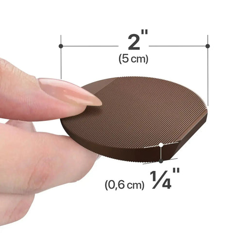 Close-up of 2 inch brown rubber furniture leveler with non-slip grip from 30 Pack 2 Inch Brown Rubber Furniture Levelers With Non Slip Grip Shims For Wobble Free And Floor Safe Adjustment Quiet Durable Rubber Feet For Sofas Tables Chairs Desks Cabinets And Other Furnishings.