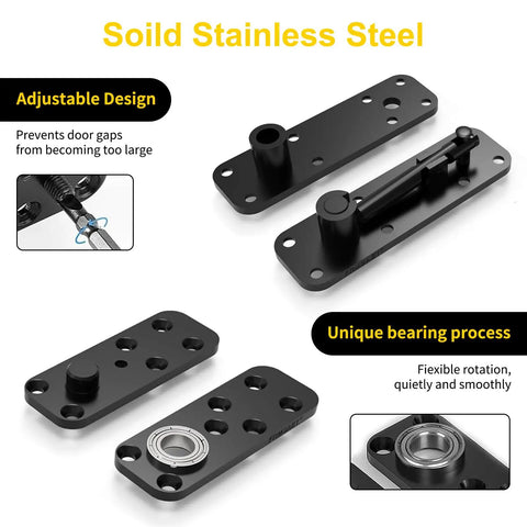Heavy Duty Hidden Door Hinge With 600Lb Load Bearing And 360 Degree Pivot For Secret Doors Murphy Beds Bookcase And Cabinets Solid Stainless Steel With Hardware Kit Black 2 Pack, parts displayed