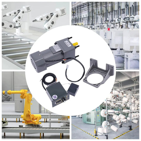 Workhorse 110V 250W Variable Speed Gear Motor With Stepless 0 To 135 RPM Control Single Phase High Torque AC Gear Reducer 10K Gear Ratio Reversible 8 Nm Torque Motor For CNC Robotics Packaging Conveyors By LIAUHO in industrial use with images of robotics and machinery.