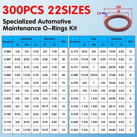 Langina 300pcs FKM Viton O-Ring Kit, 22 SAE AS568 sizes, high-temp oil resistant O-rings for engine and transmission