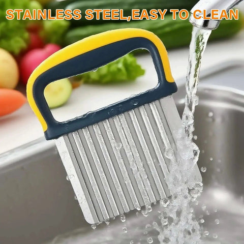 Two Pack Crinkle Cutter Set For Potatoes And Veggies Safe Wavy Slicer with blade cover being cleaned in kitchen sink