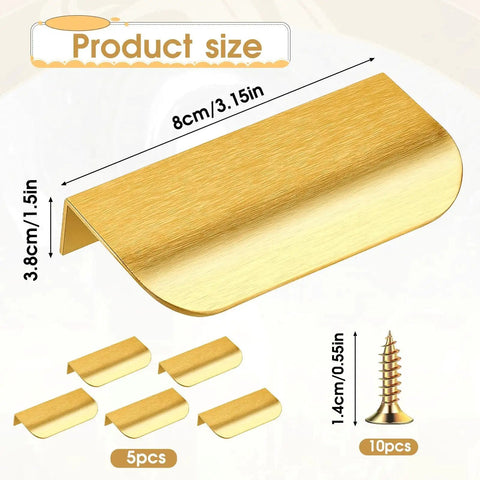 Gold Edge Finger Cabinet Pulls 3.15 Inch Aluminum Drawer Handles Set of 5 with screws, showing dimensions and gold finish