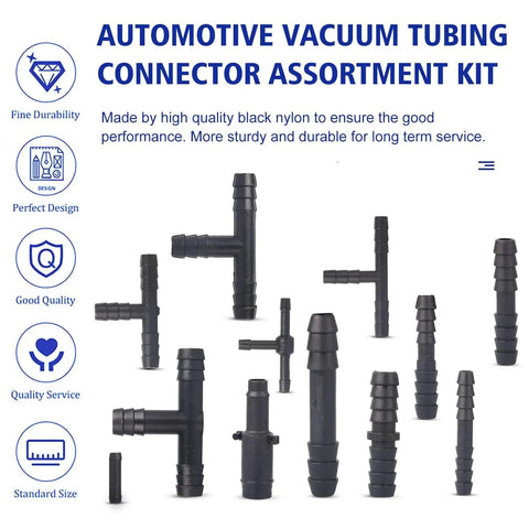 All In One Nylon 66 Vacuum Connector Kit With Heat Resistant 240C And 460F Rating, 113 Piece Assortment displayed with connectors.