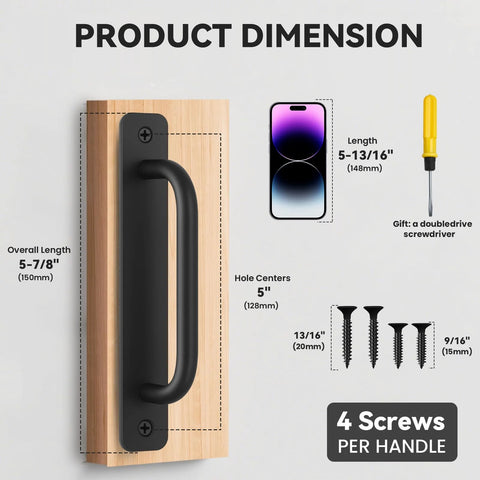Black Barn Door Handles 5.9 Inch Gate Pulls For Outdoor Fence Heavy Duty Aluminum Alloy Sliding Closet Door Handles For Bifold Doors Kitchen Cabinet Bathroom Garage Shed 4 Pack shown with dimensions and screws