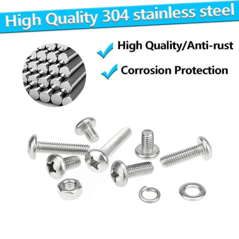 Stainless Steel M4 Phillips Pan Head Machine Screw Set, 370 Pieces, 7 Sizes From 6mm To 30mm With Nuts, Flat Washers, And Lock Washers