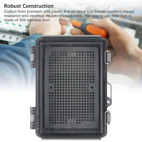 Rugged Outdoor Electrical Junction Box with IP67 ABS Enclosure, grid mounting plate, clear cover, stainless steel lock, front view