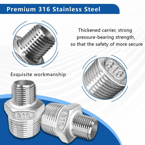 Reducing hex nipples, 316 stainless steel, 3/4 in NPT male to 1/2 in NPT male, 2-pack, Amazon.