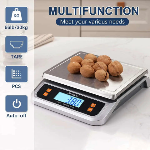 Beefy 88lb Heavy Duty Commercial Food Scale for Kitchen and Bakery, Stainless Steel Platform, Full View LCD Display, Nuts on Scale