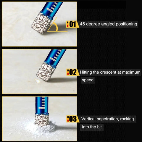 9-Piece Premium Diamond Drill Bit Set for Precision Drilling in Porcelain, Ceramic, Glass, and Marble shown in drilling process steps