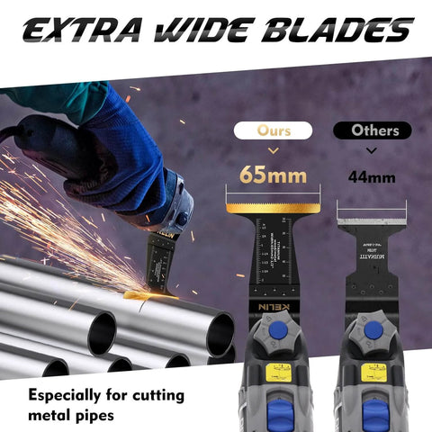 Six Piece Carbide And Titanium Multitool Blades Kit, Heavy Duty Oscillating Tool Blades cutting metal pipes, 65mm vs 44mm comparison