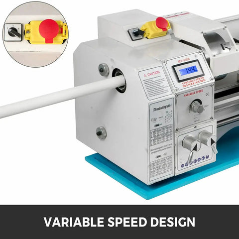 Close-up of 8.7x23.6 Inch Mini Metal Lathe 1100W with LED display, variable speed controls, and forward/reverse settings.