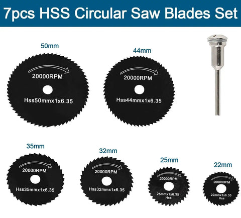 7 Piece HSS Circular Saw Blades Set with One Eighth and One Quarter Inch Mandrels for Mini Rotary Tools, various blade sizes shown