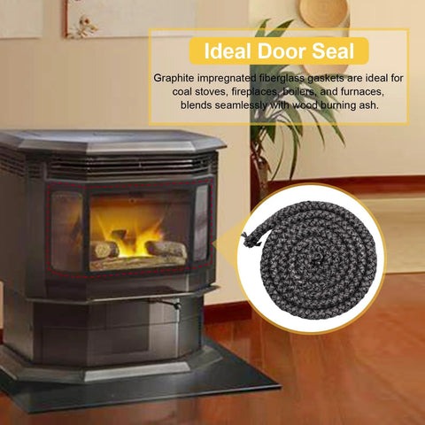 Stove door gasket rope, graphite-impregnated fiberglass, 7/8 in x 7 ft, black braided seal coil