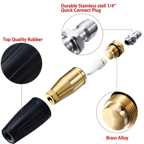 Rotating Turbo Nozzle Kit For Pressure Washer Up To 4000 PSI With Quick Connector And 4.0 GPM Includes Seven Spray Tips In Black.