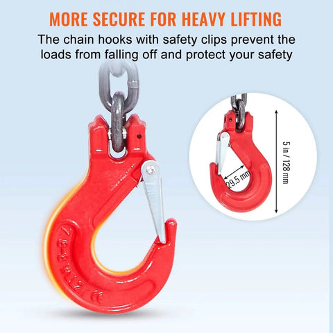 Red chain sling hook with safety latch, 5 ft length for engine hoist lifting