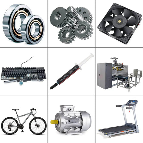 Collage of industrial and electronic items; Pro Grade High Performance Spindle Lubricant Oil And Bearing Grease For PC Fans Motors Gears