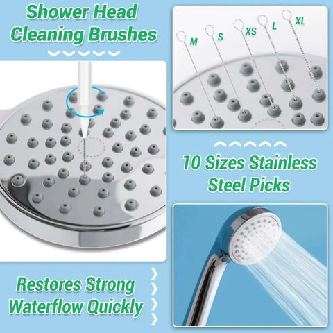 Illustration of Shower Head Revival All In One Cleaning Kit with 50 ultra-fine nylon brushes and 20 surgical steel picks for unclogging nozzle buildup.