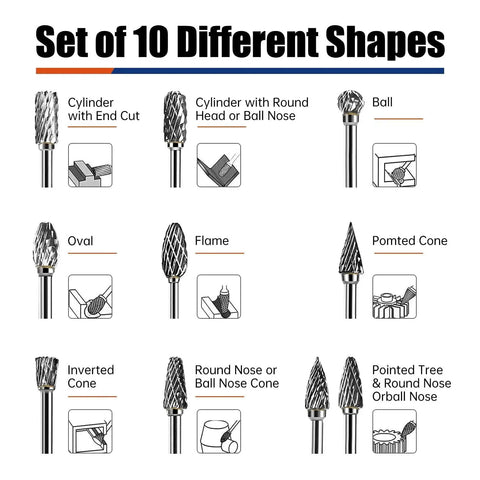 Ten Piece Carbide Burr Bits Set For Dremel Rotary Tools 1 Eight Inch Shank Double Cut Design Die Grinder Bits For Metal Aluminum Wood Stone Plastic Carving Cutting Grinding For Precision Modeling And Fine Detail Work shown in various shapes.