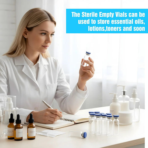 12 pcs 5ml glass empty vials with blue flip caps on a lab bench; scientist in a white coat holds one vial.