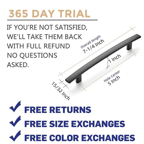 Diagram of 10 Pack Curved Matte Black Cabinet Pulls for Kitchen Drawers Arch Style Handles with measurements and return policy