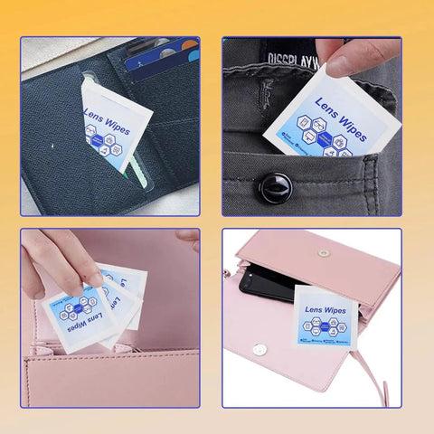 Pre Wet Lens Wipes For Eyeglasses And Camera Lenses Screens Packaged 200 Pcs shown in pockets and purses for easy use