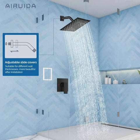 Matte Black 8 Inch Rain Shower System With SUS304 Stainless Steel Shower Head And Single Handle With Male Threads Rough In Valve Brass Mixer Wall Mount Trim Kit Easy Install Shower Faucet Set Built To Last installed in bathroom