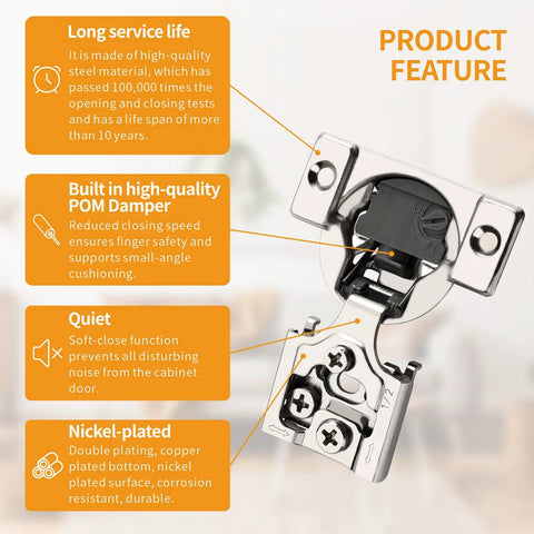 Concealed cabinet hinge for face-frame doors, satin-nickel finish with soft-close damper