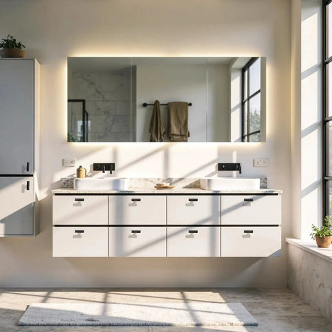 Modern bathroom vanity with matte black zinc alloy cabinet handles, featuring T bar drawer pulls for a sleek, contemporary look.